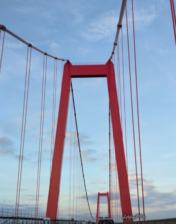 Red suspension bridge symbolising transition and crossing